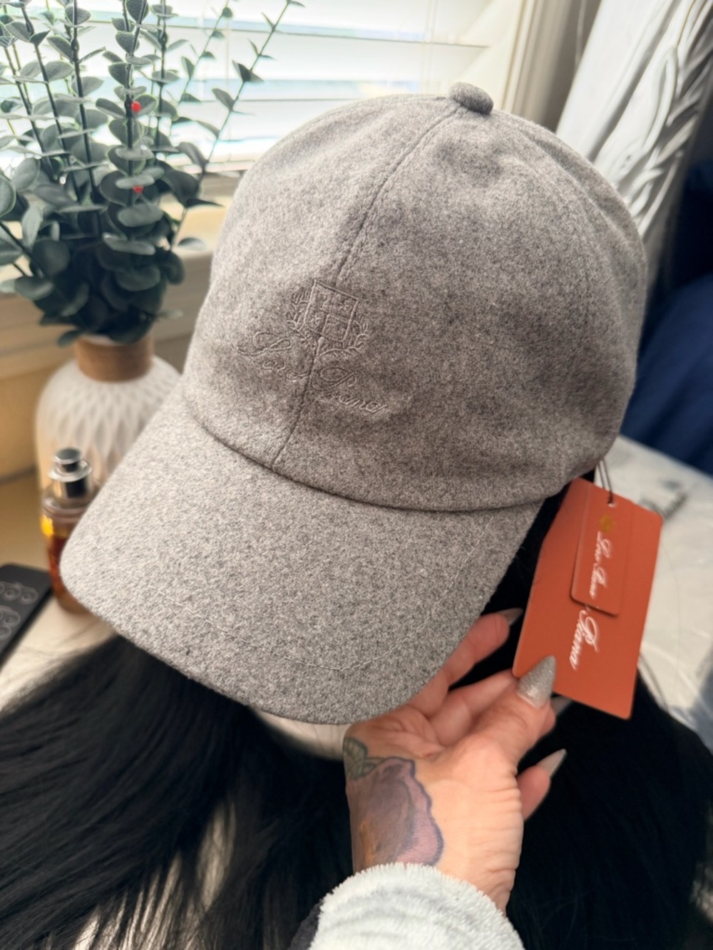 Loro Piana Gray Cap with Orange Trim and Plaid Lining